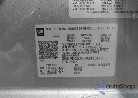 2024 Chevrolet Silverado 1500 4Wd Short Bed Custom Trail Boss z USA, uszkodzony, nr VIN 3GCPDCEK0RG325478